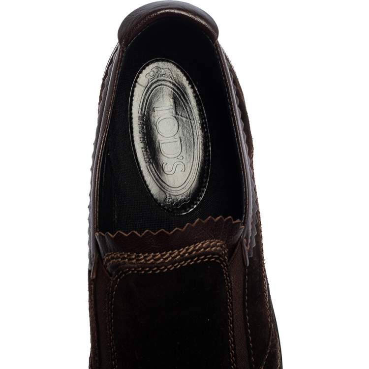 Pre Owned Tod's Dark Brown Suede Scallop Trim Slip On Sneakers Size 45.5