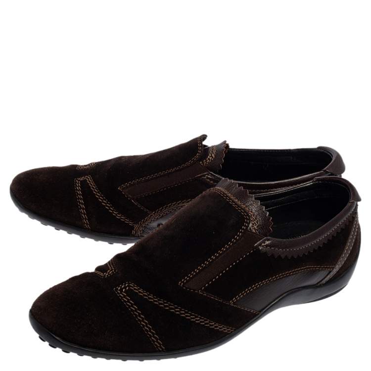 Pre Owned Tod's Dark Brown Suede Scallop Trim Slip On Sneakers Size 45.5