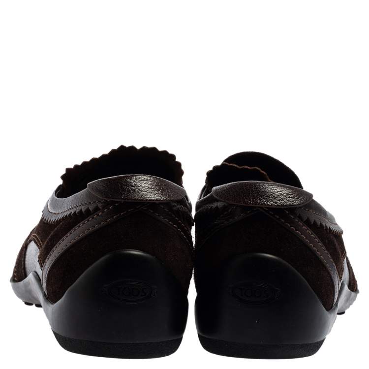 Pre Owned Tod's Dark Brown Suede Scallop Trim Slip On Sneakers Size 45.5