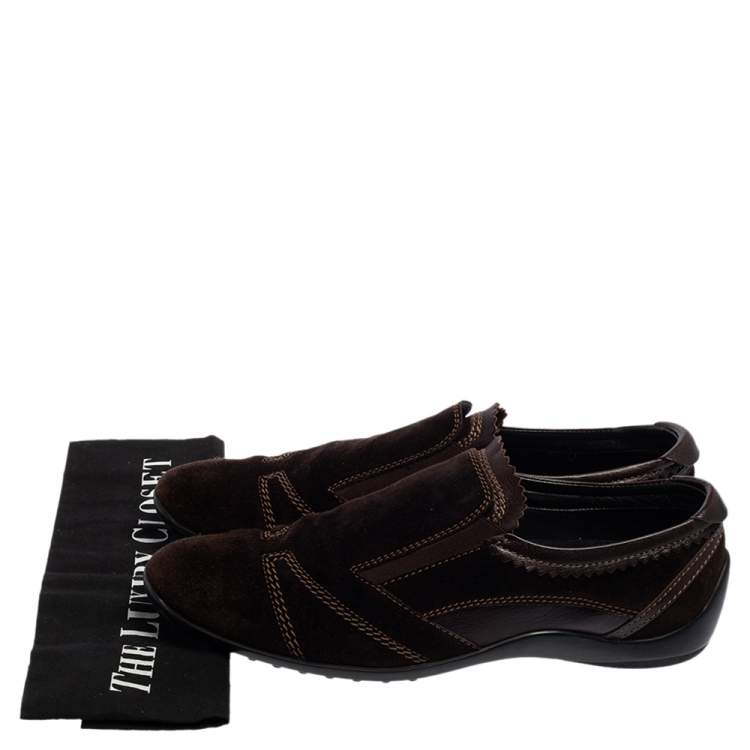 Pre Owned Tod's Dark Brown Suede Scallop Trim Slip On Sneakers Size 45.5