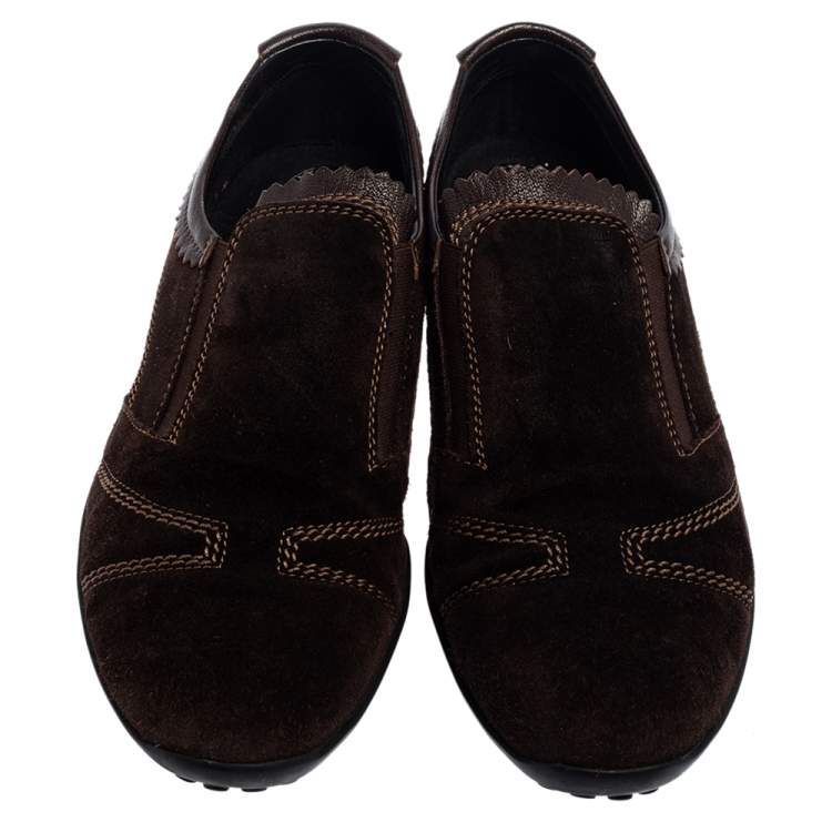 Pre Owned Tod's Dark Brown Suede Scallop Trim Slip On Sneakers Size 45.5