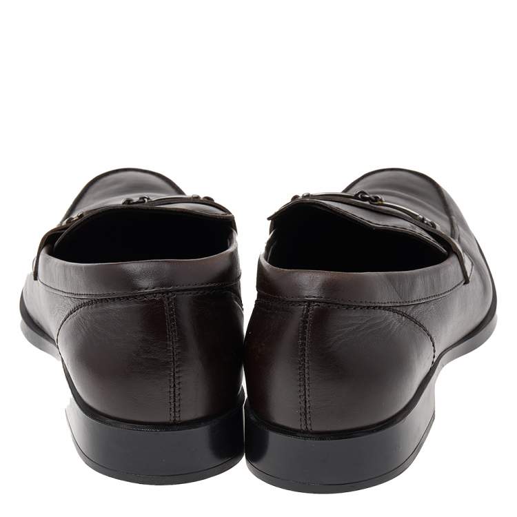 Pre Owned Tod's Dark Brown Leather T Logo Slip On Loafers Size 43
