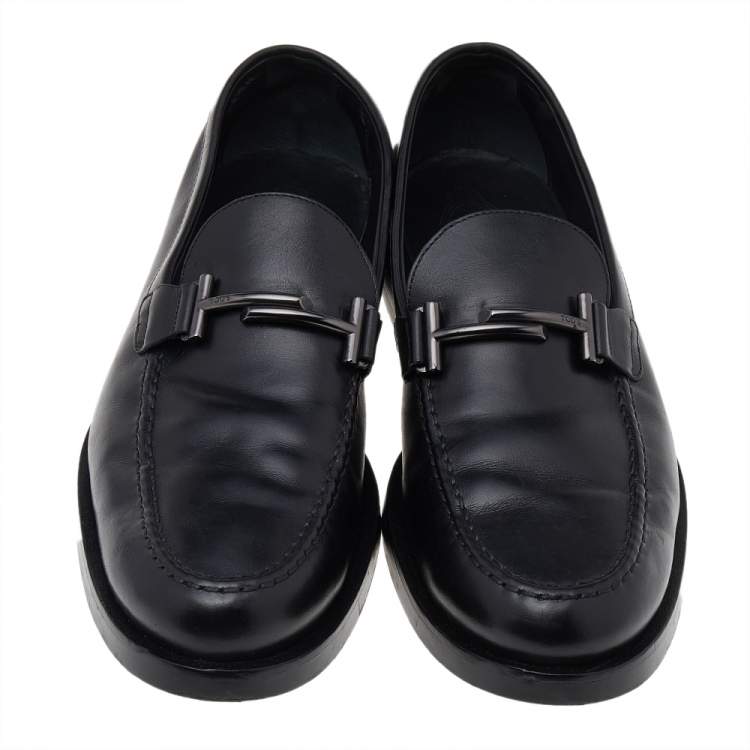 Pre Owned Tod's Black Leather T Logo Slip On Loafers Size 43