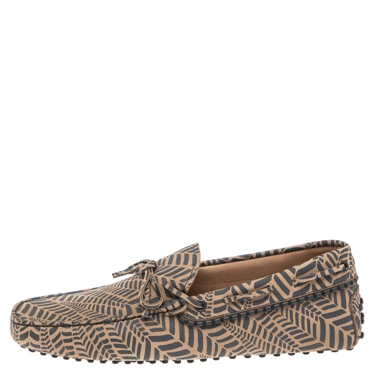 Pre Owned Tod's Beige/Black Printed Leather Bow Loafers Size 41.5