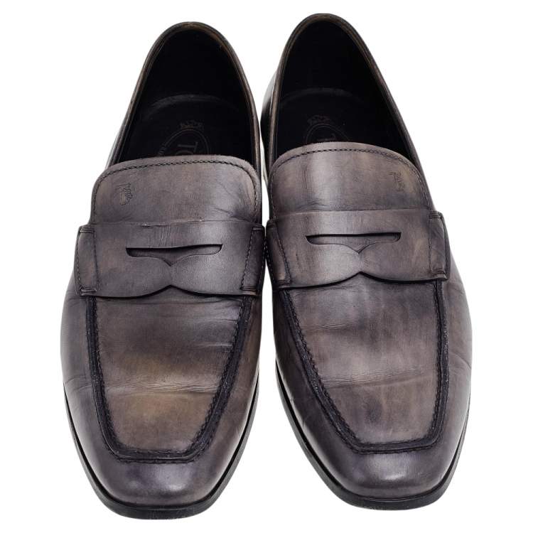Pre Owned Tod's Grey Leather Penny Slip On Loafers Size 43