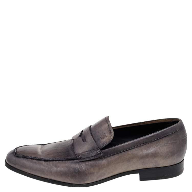 Pre Owned Tod's Grey Leather Penny Slip On Loafers Size 43