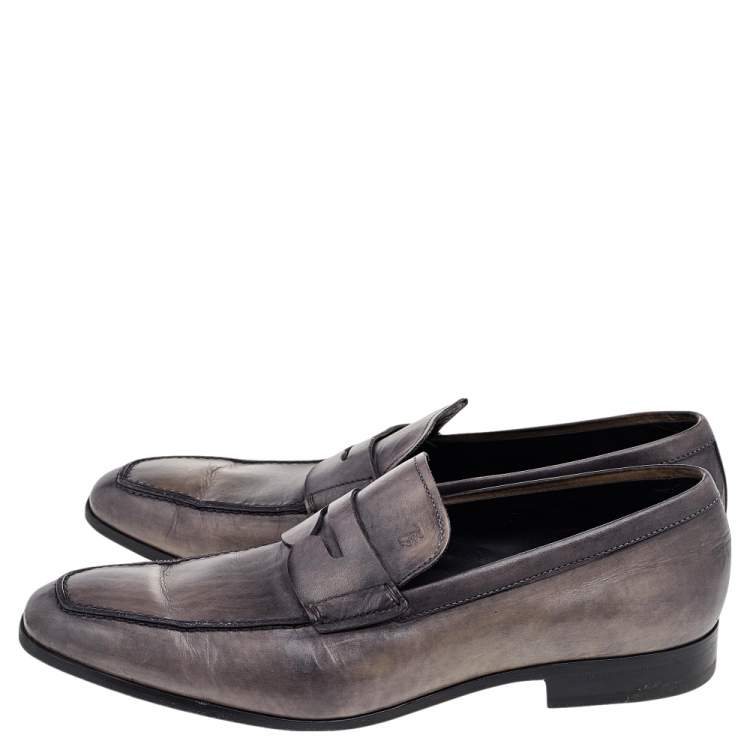 Pre Owned Tod's Grey Leather Penny Slip On Loafers Size 43