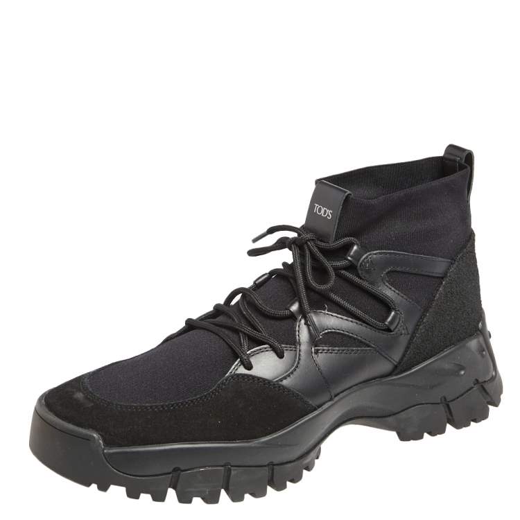 Pre Owned Tod's Black Leather And Suede High Top Lace Up Sneakers Size 45