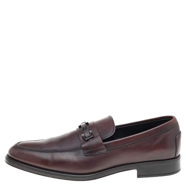 Pre Owned Tod's Dark Brown Leather Double T Logo Slip On Penny Loafers Size 43