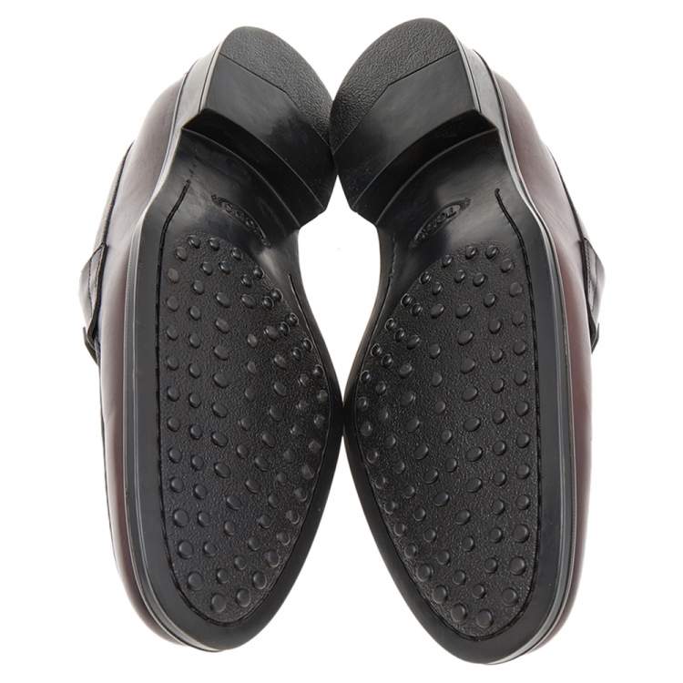 Pre Owned Tod's Dark Brown Leather Double T Logo Slip On Penny Loafers Size 43