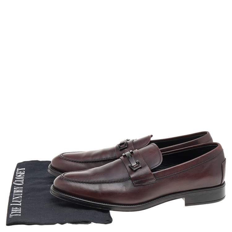 Pre Owned Tod's Dark Brown Leather Double T Logo Slip On Penny Loafers Size 43