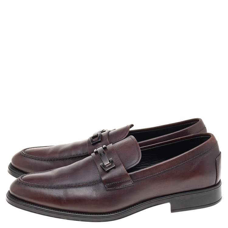 Pre Owned Tod's Dark Brown Leather Double T Logo Slip On Penny Loafers Size 43