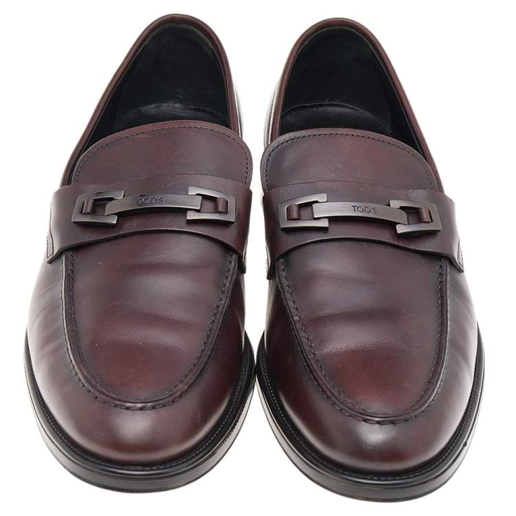 Pre Owned Tod's Dark Brown Leather Double T Logo Slip On Penny Loafers Size 43
