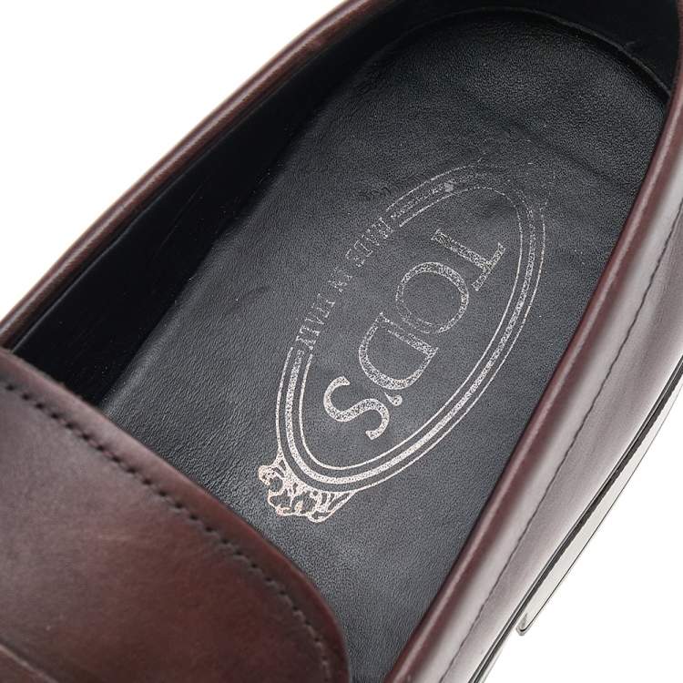Pre Owned Tod's Dark Brown Leather Double T Logo Slip On Penny Loafers Size 43