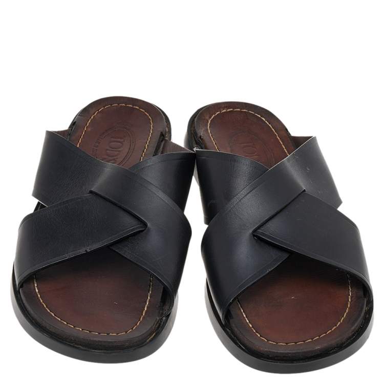 Pre Owned Tod's Black Leather Criss Cross Flat Slides Size 43