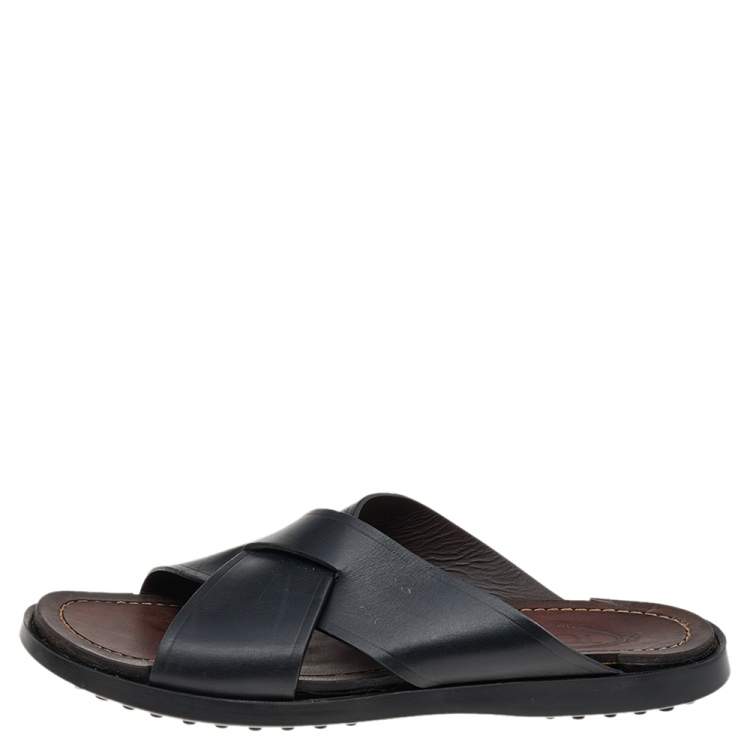 Pre Owned Tod's Black Leather Criss Cross Flat Slides Size 43