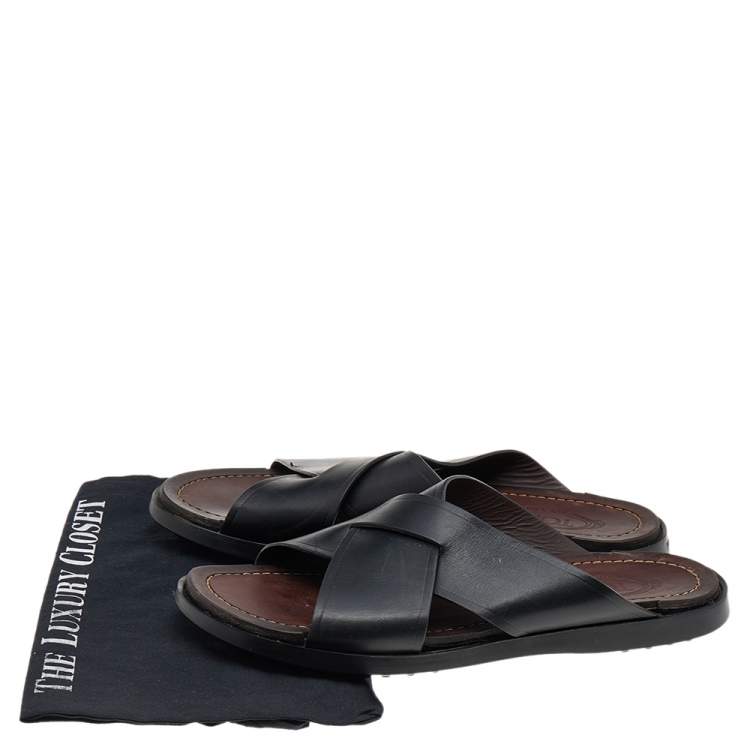 Pre Owned Tod's Black Leather Criss Cross Flat Slides Size 43