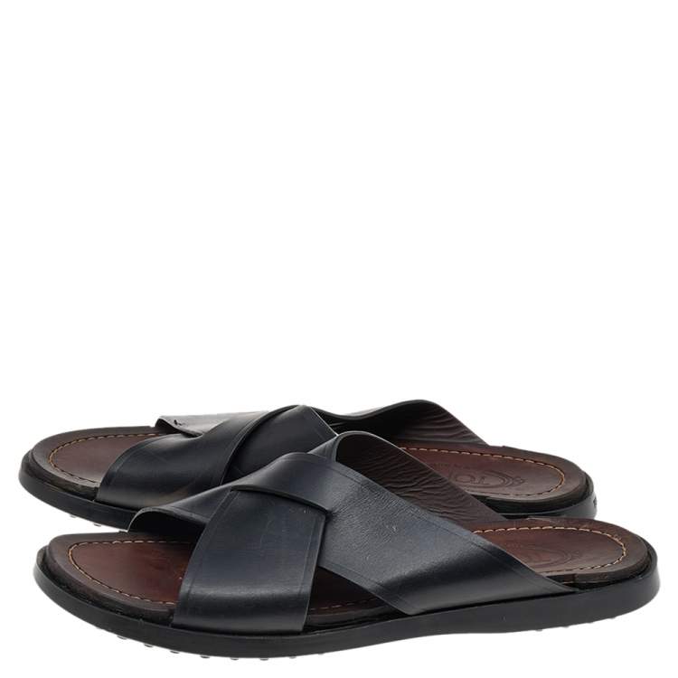 Pre Owned Tod's Black Leather Criss Cross Flat Slides Size 43