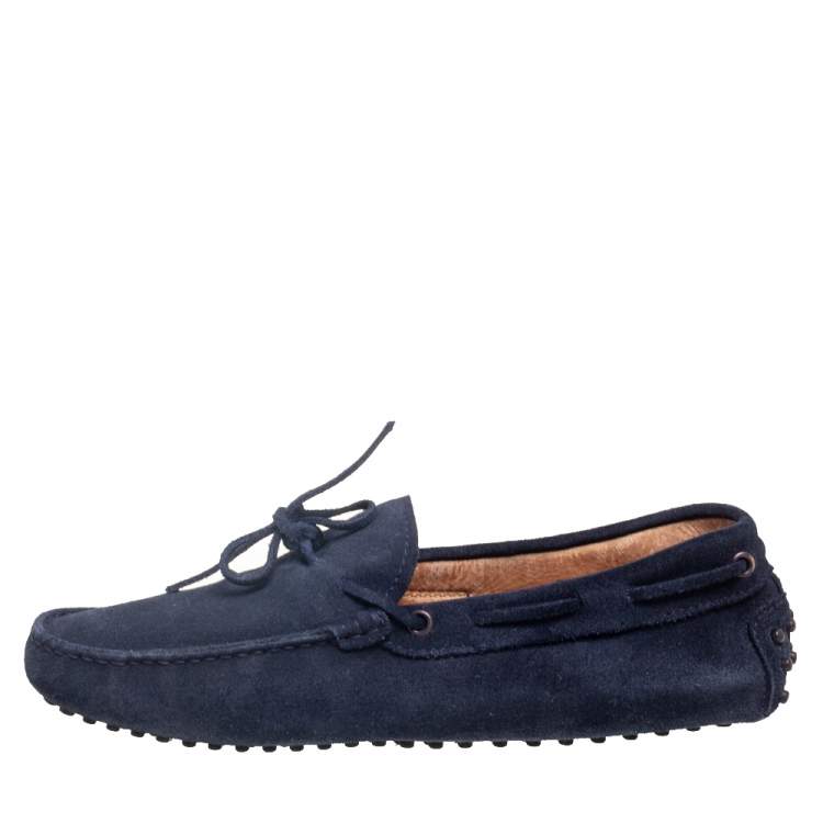 Pre Owned Tod's Navy Blue Suede Bow Driver Loafers Size 41.5