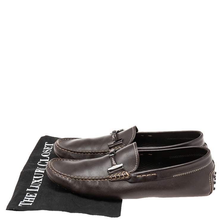 Pre Owned Tod's Dark Brown Leather Double T Logo Slip On Penny Loafers Size 42.5