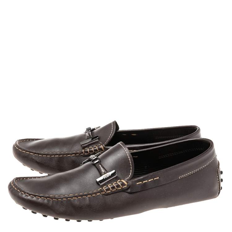 Pre Owned Tod's Dark Brown Leather Double T Logo Slip On Penny Loafers Size 42.5