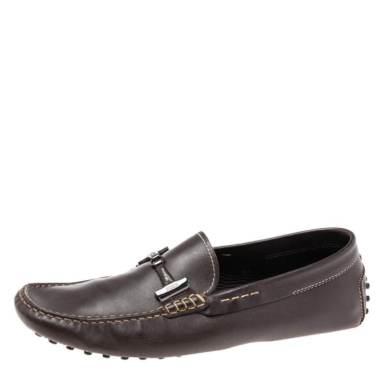 Pre Owned Tod's Dark Brown Leather Double T Logo Slip On Penny Loafers Size 42.5