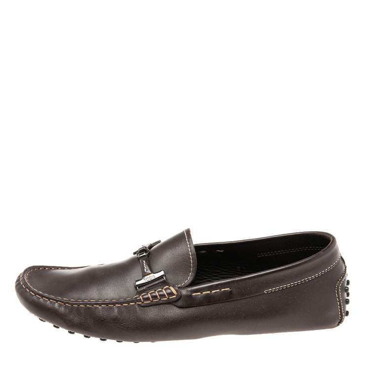 Pre Owned Tod's Dark Brown Leather Double T Logo Slip On Penny Loafers Size 42.5