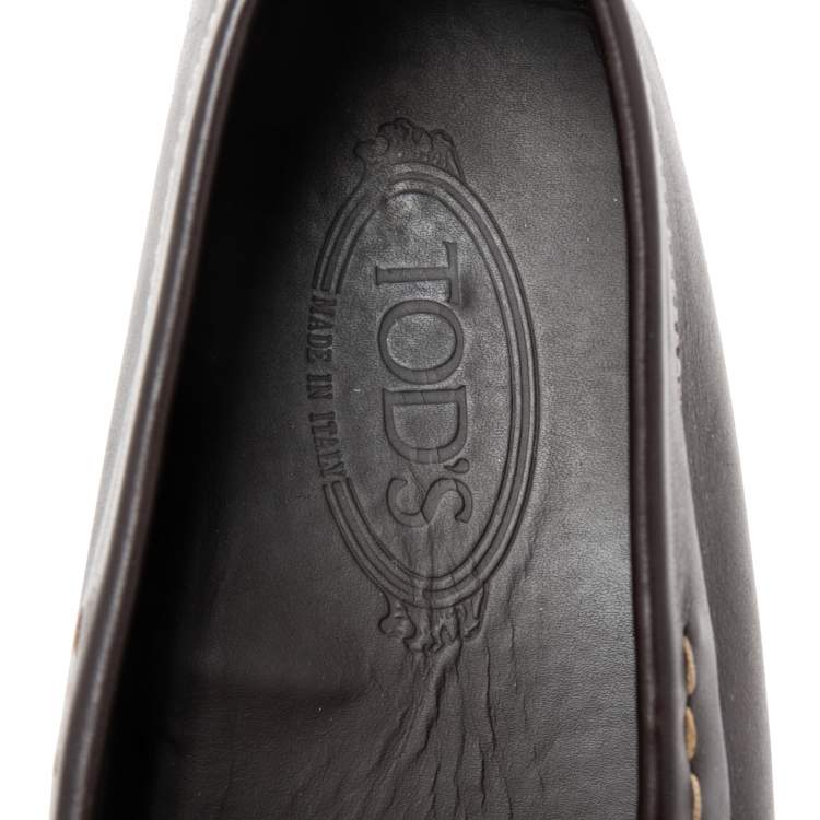 Pre Owned Tod's Dark Brown Leather Double T Logo Slip On Penny Loafers Size 42.5