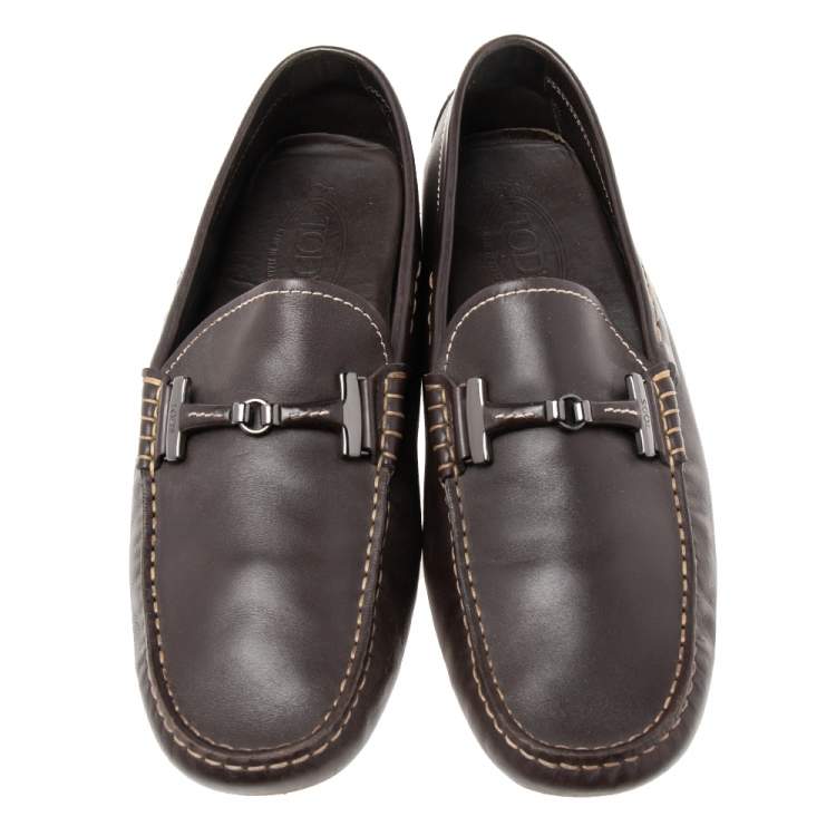 Pre Owned Tod's Dark Brown Leather Double T Logo Slip On Penny Loafers Size 42.5