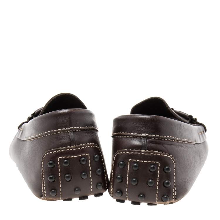 Pre Owned Tod's Dark Brown Leather Double T Logo Slip On Penny Loafers Size 42.5