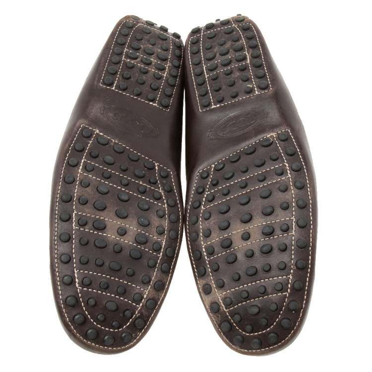 Pre Owned Tod's Dark Brown Leather Double T Logo Slip On Penny Loafers Size 42.5