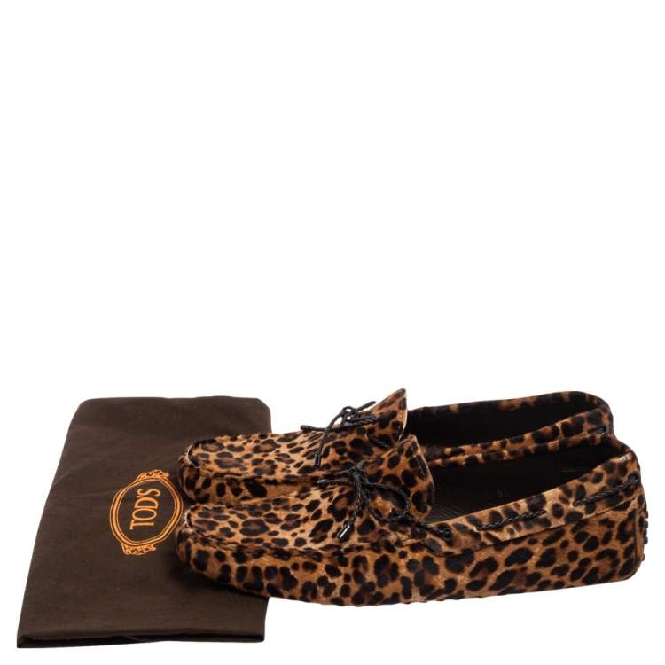 Pre Owned Tod's Brown Leopard Print Calf Hair Bow Driver Loafers Size 44