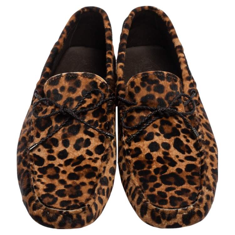 Pre Owned Tod's Brown Leopard Print Calf Hair Bow Driver Loafers Size 44