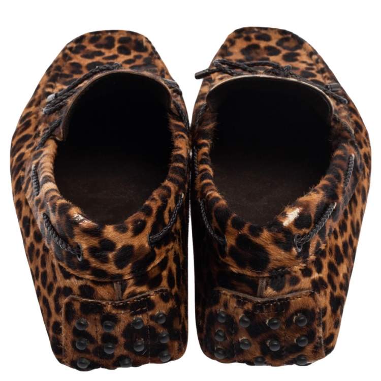 Pre Owned Tod's Brown Leopard Print Calf Hair Bow Driver Loafers Size 44