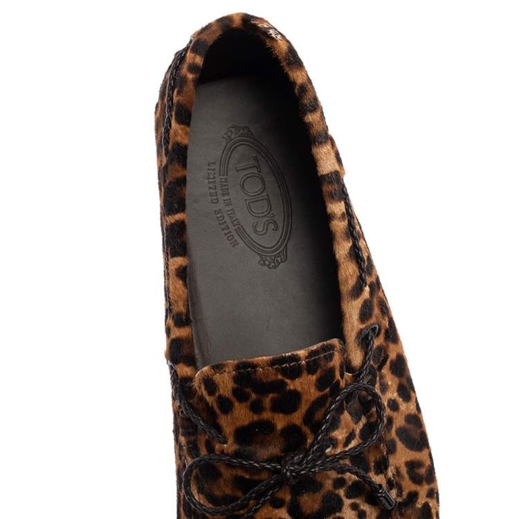 Pre Owned Tod's Brown Leopard Print Calf Hair Bow Driver Loafers Size 44