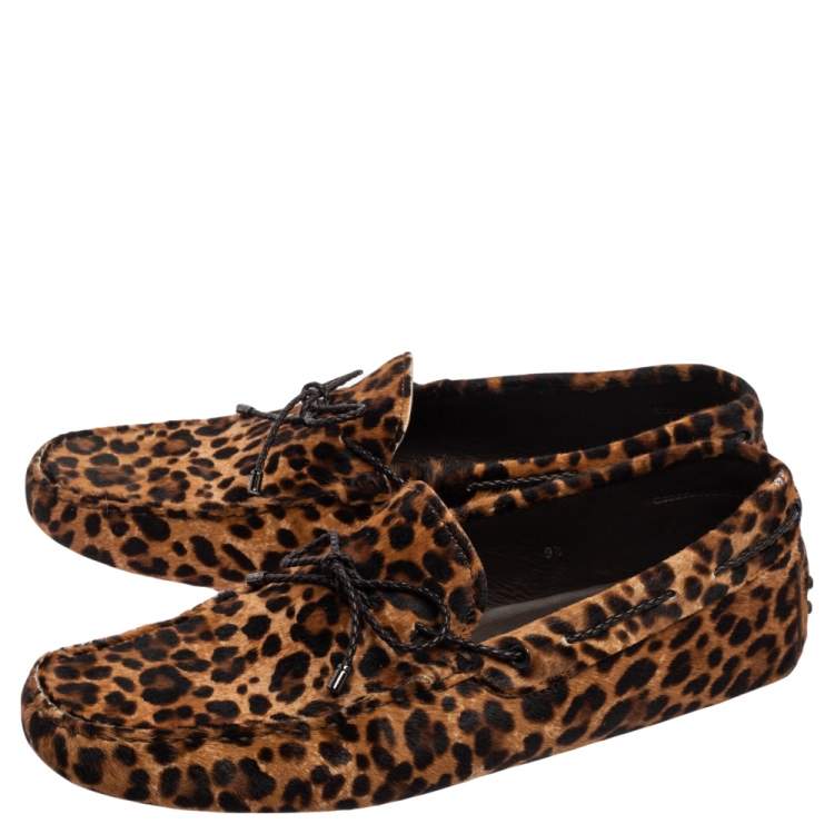 Pre Owned Tod's Brown Leopard Print Calf Hair Bow Driver Loafers Size 44
