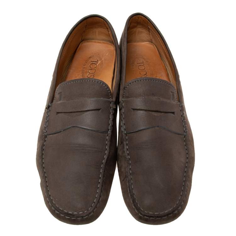مملوكة مسبقًا Tod's Brown Nubuck Leather Penny Slip On Loafers Size 44.5