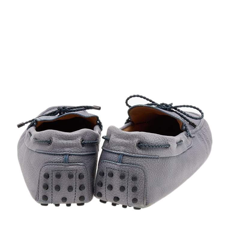 Pre Owned Tod's Grey/Navy Blue Leather Braided Bow Slip On Loafers Size 47