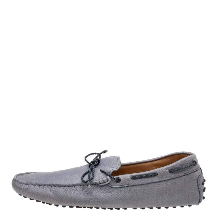 Pre Owned Tod's Grey/Navy Blue Leather Braided Bow Slip On Loafers Size 47