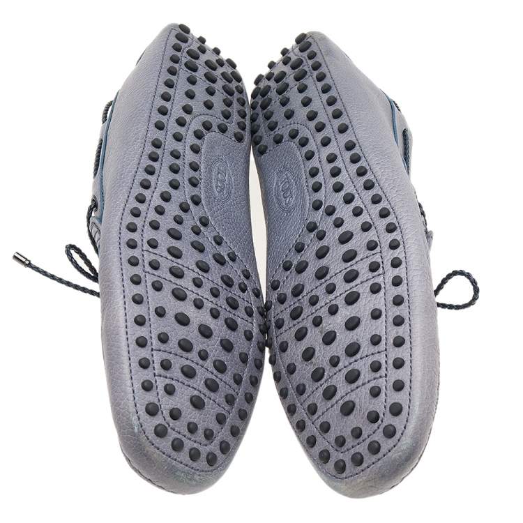 Pre Owned Tod's Grey/Navy Blue Leather Braided Bow Slip On Loafers Size 47