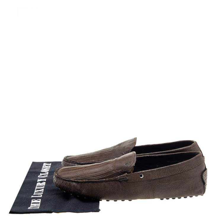 Pre Owned Tod's Brown Lizard Embossed Leather Slip On Loafers Size 41