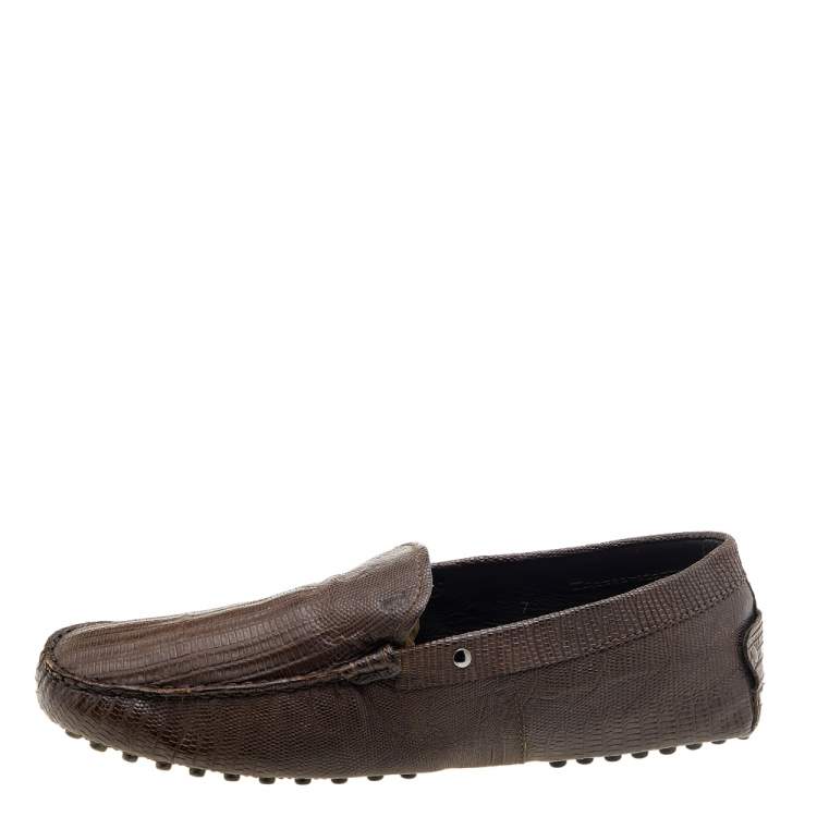 Pre Owned Tod's Brown Lizard Embossed Leather Slip On Loafers Size 41