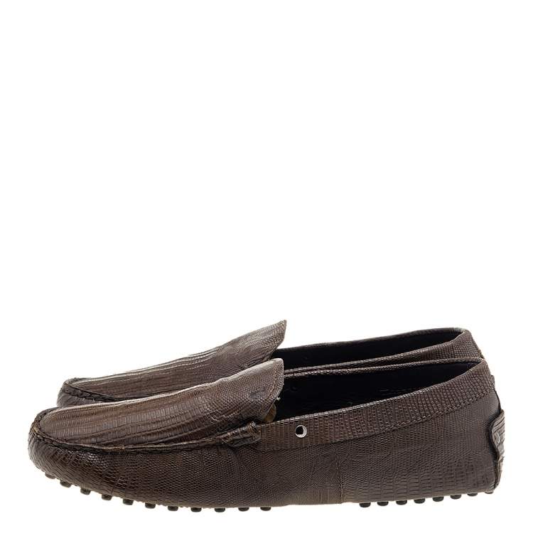 Pre Owned Tod's Brown Lizard Embossed Leather Slip On Loafers Size 41