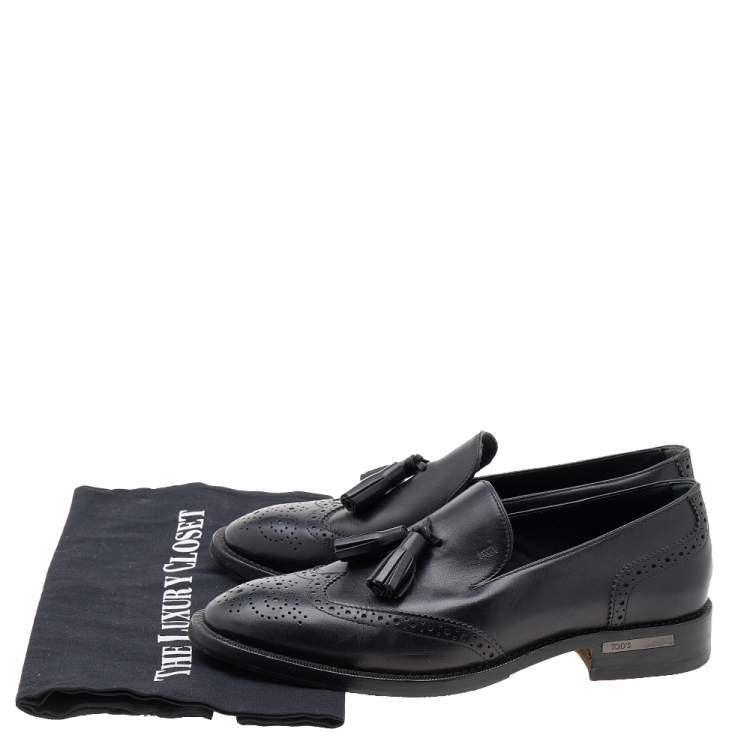 Pre Owned Tod's Black Brogue Leather Tassel Slip On Loafers Size 38.5