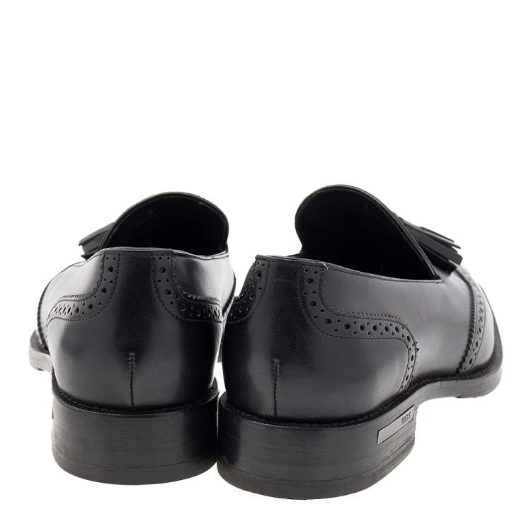 Pre Owned Tod's Black Brogue Leather Tassel Slip On Loafers Size 38.5