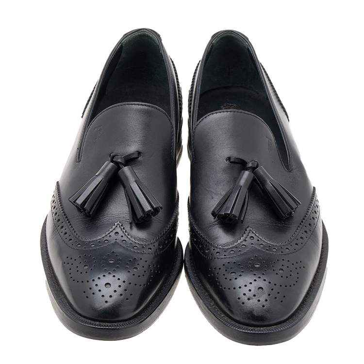 Pre Owned Tod's Black Brogue Leather Tassel Slip On Loafers Size 38.5