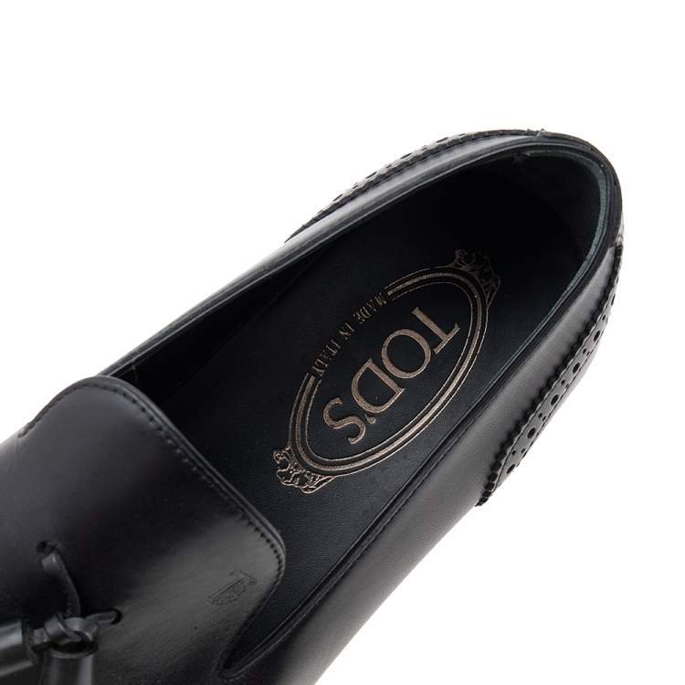 Pre Owned Tod's Black Brogue Leather Tassel Slip On Loafers Size 38.5