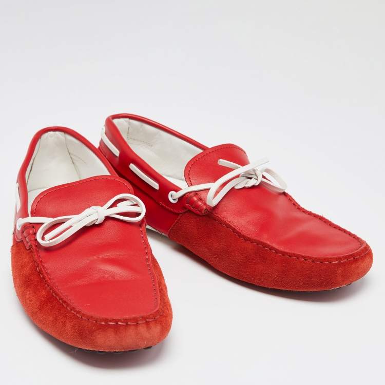 Pre Owned Tod's Red Suede And Leather Gommino Driving Loafers Size 41