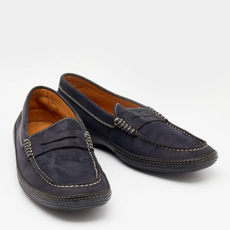 Pre Owned Tod's Navy Blue Nubuck Leather Penny Slip On Loafers Size 40