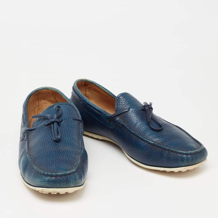Pre Owned Tod's Blue Leather Bow Slip-On Loafers Size 42.5